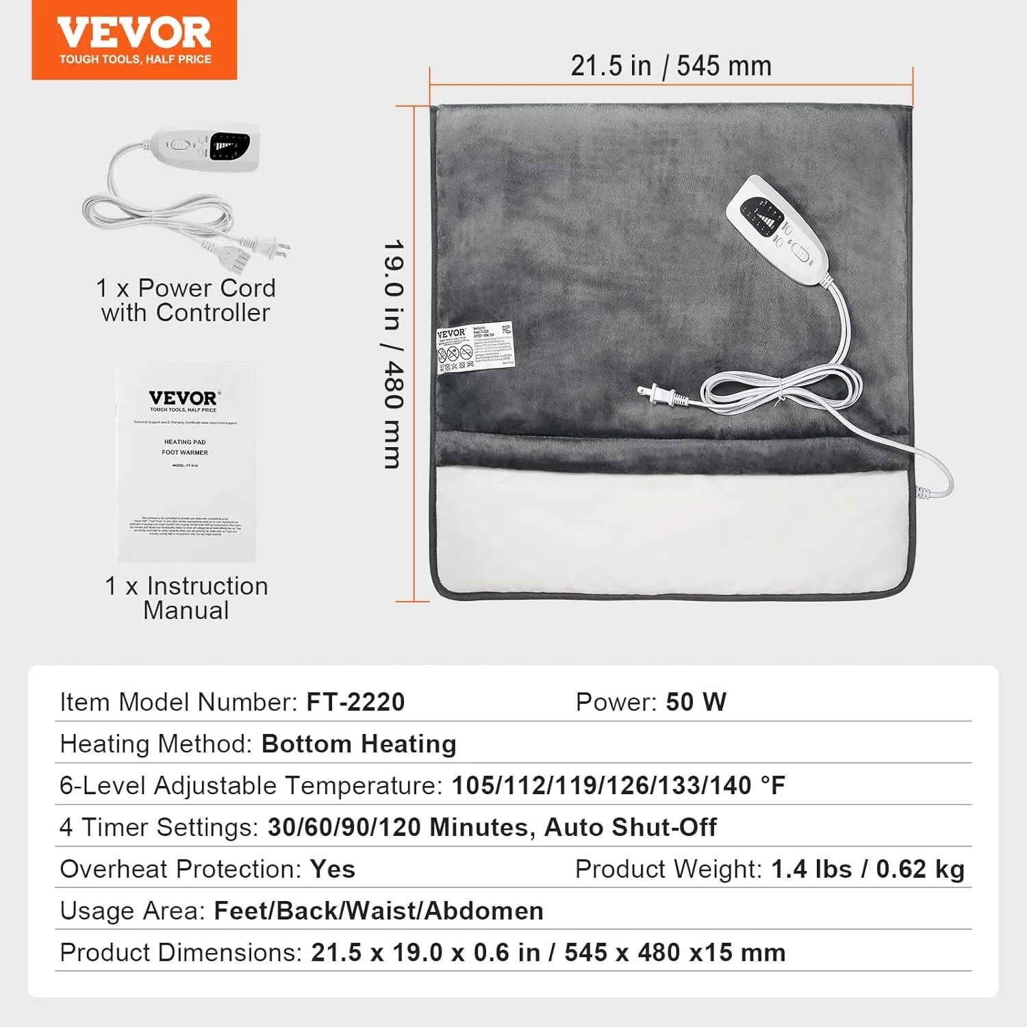 VEVOR Electric Heated Foot Warmer, King Size Ultra-Soft Flannel Heating Pad for Feet with Timer and 6 Heat Level for Bed Office Under Desk, 21.5" x 19.0" Feet Warmers Washable for Back, Waist, Abdomen