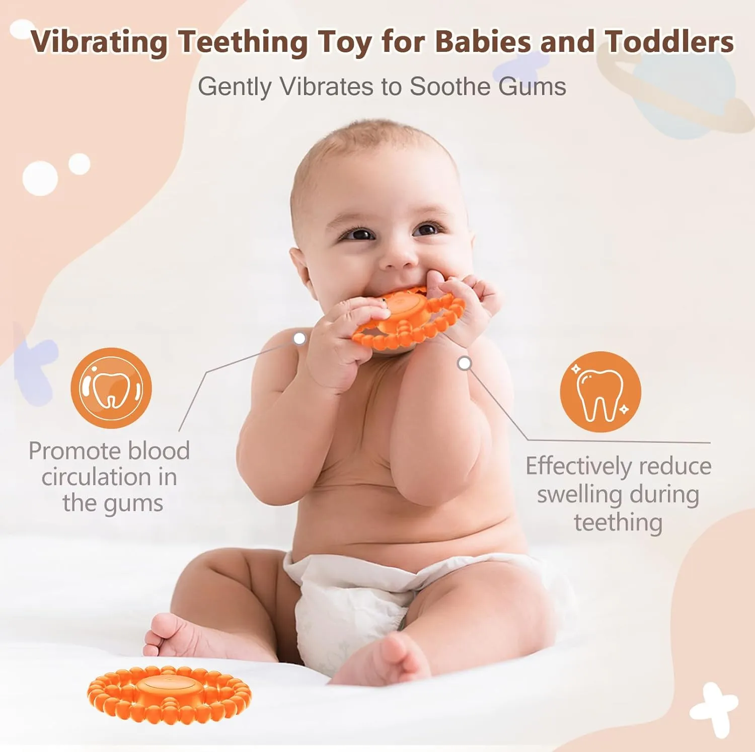 Vibrating Sensory Teething Toys, Soothing Chew Ring for Babies 6-18 Months, Autism Support & Oral Development, USB Rechargeable Teether for Toddlers, 1-2 Year Old Boys Girls Gifts idea (Orange)