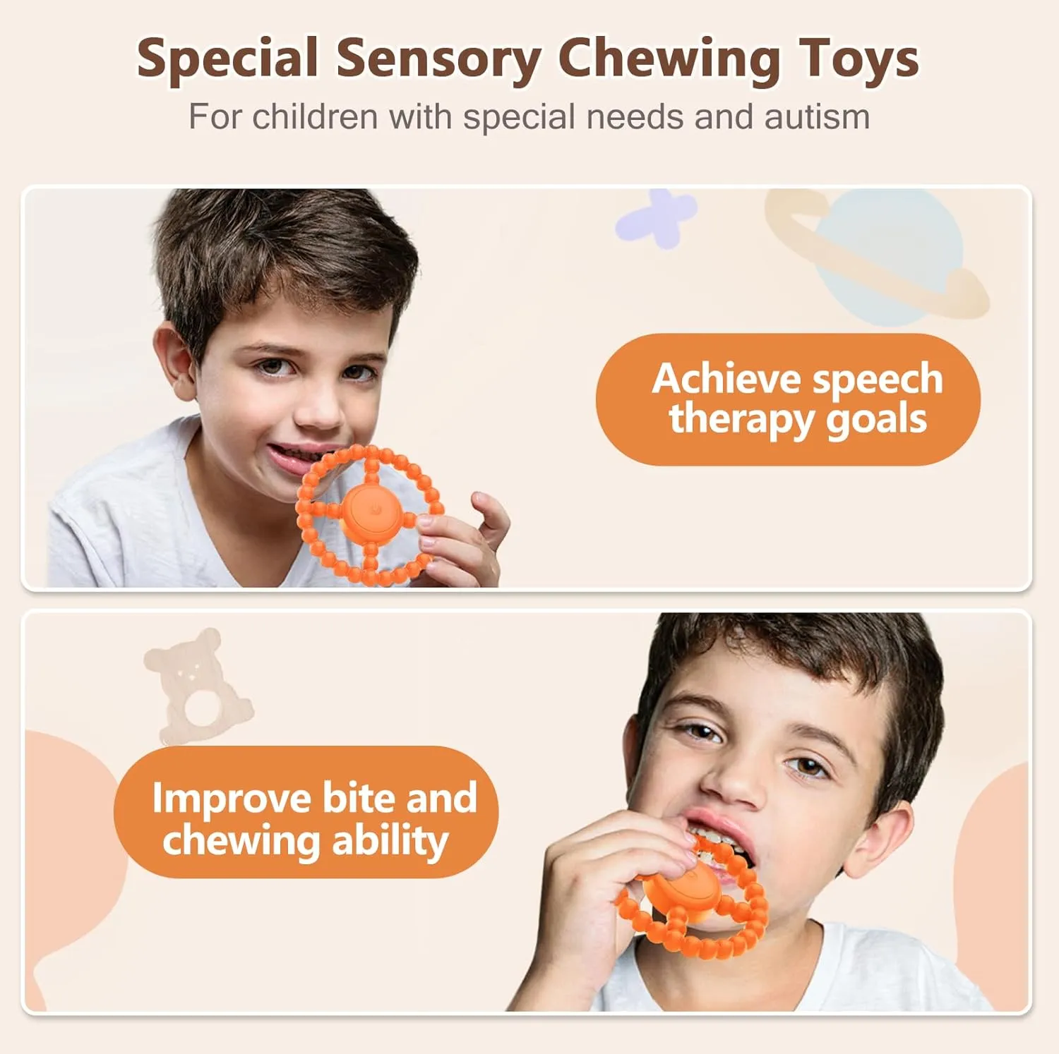 Vibrating Sensory Teething Toys, Soothing Chew Ring for Babies 6-18 Months, Autism Support & Oral Development, USB Rechargeable Teether for Toddlers, 1-2 Year Old Boys Girls Gifts idea (Orange)