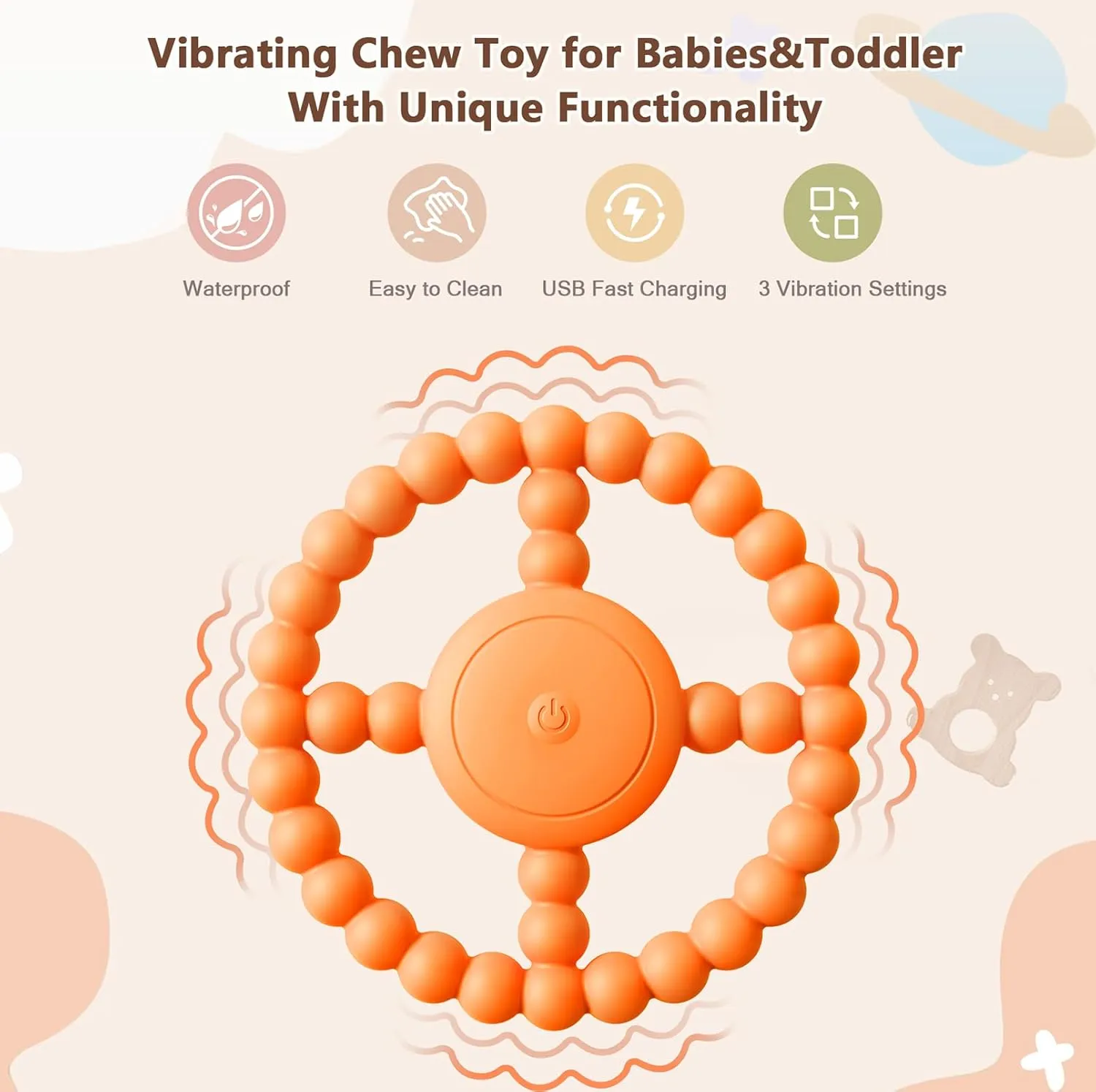 Vibrating Sensory Teething Toys, Soothing Chew Ring for Babies 6-18 Months, Autism Support & Oral Development, USB Rechargeable Teether for Toddlers, 1-2 Year Old Boys Girls Gifts idea (Orange)
