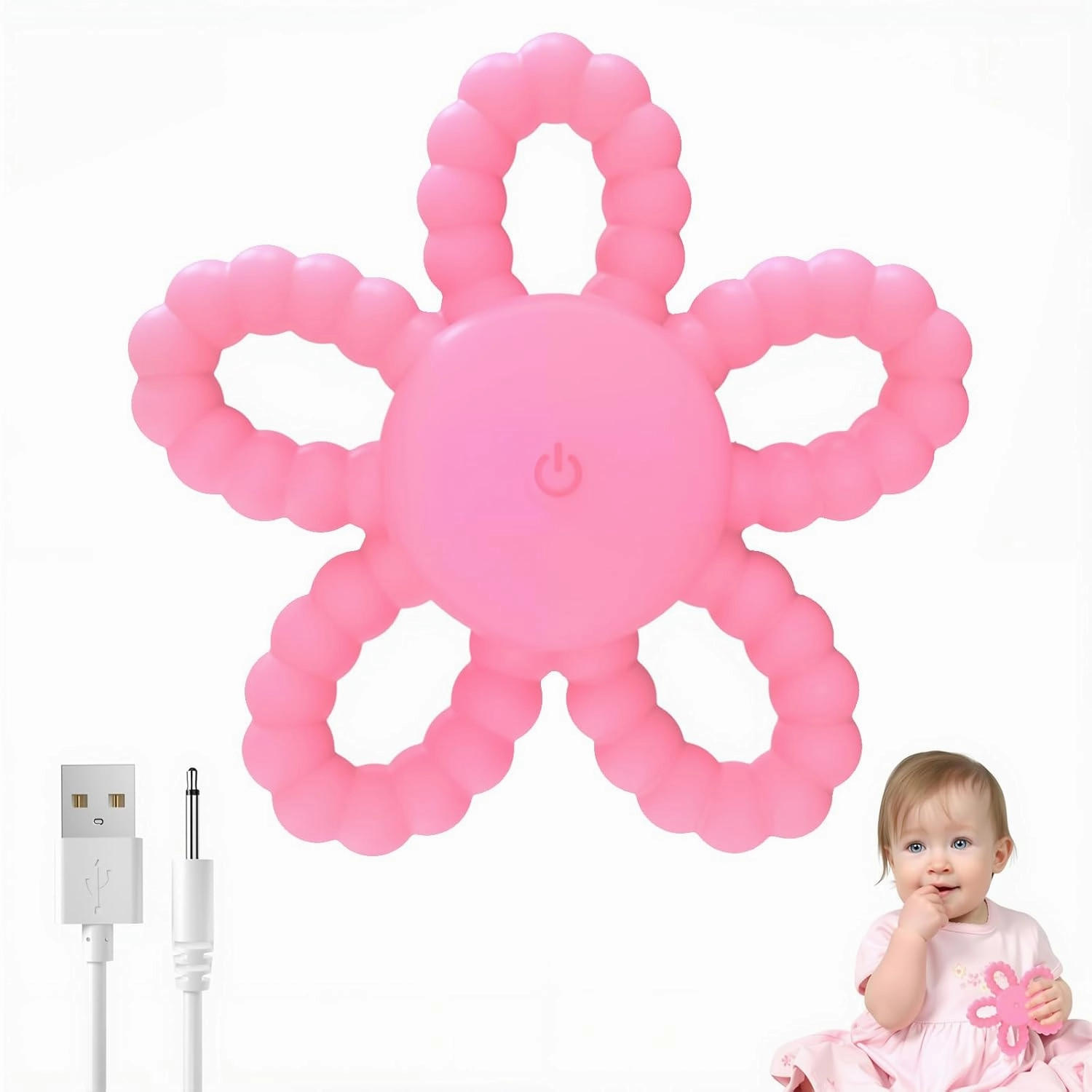 Vibrating Sensory Chew Toy - 3X Vibration Settings USB Rechargeable Teether with BPA-Free Silicone Chew Toys for Autistic Children & Baby (Pink)
