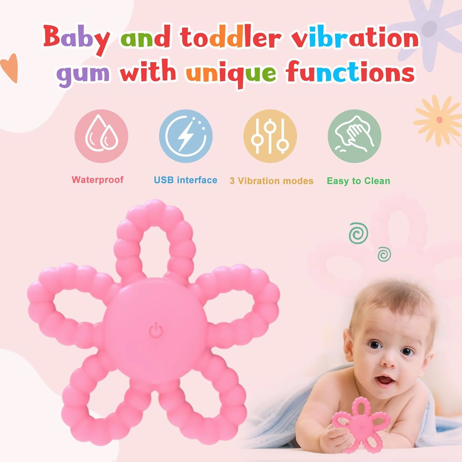Vibrating Sensory Chew Toy - 3X Vibration Settings USB Rechargeable Teether with BPA-Free Silicone Chew Toys for Autistic Children & Baby (Pink)