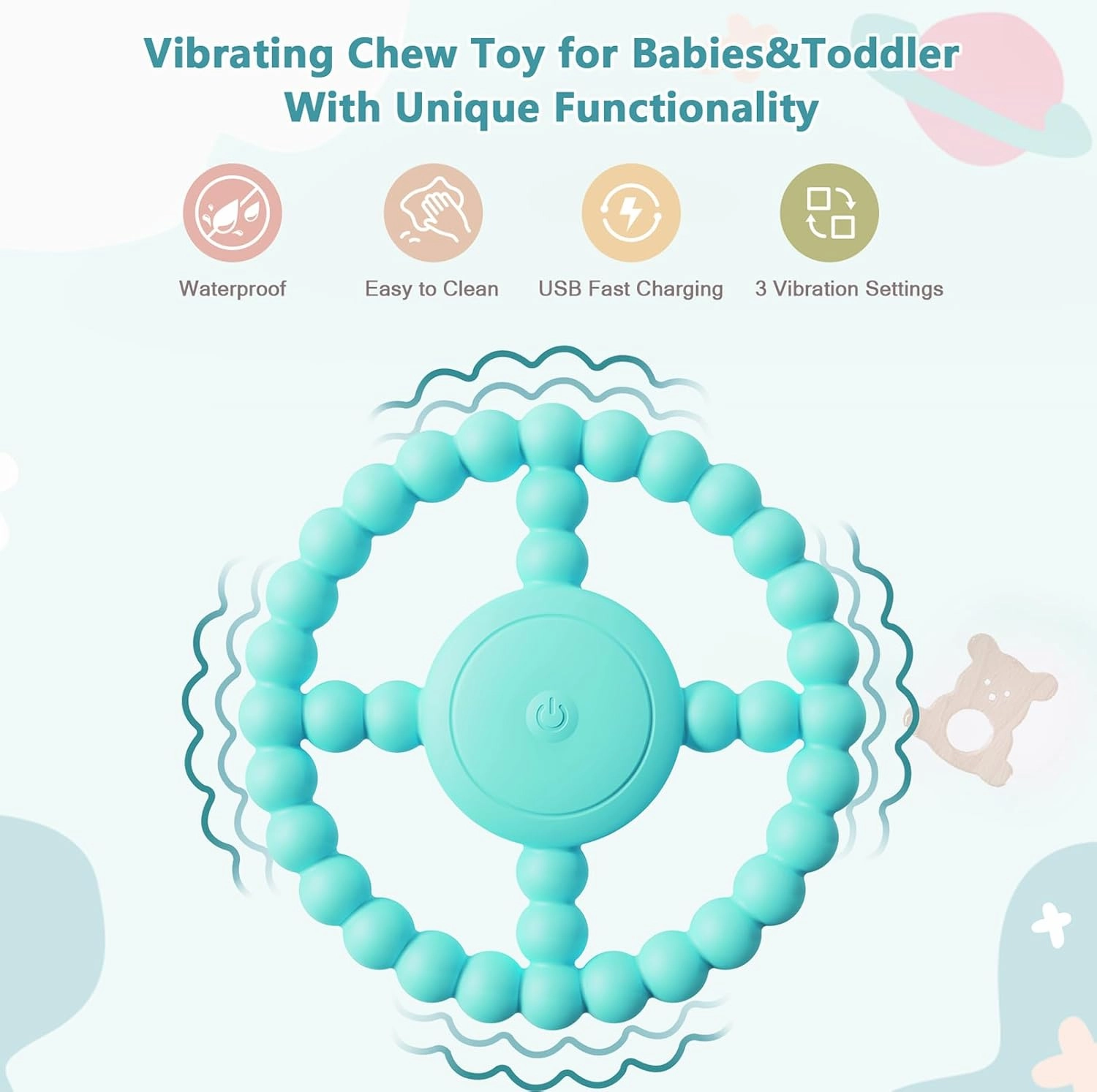 Vibrating Sensory Teething Toys, Soothing Chew Ring for Babies 6-18 Months, Autism Support & Oral Development, USB Rechargeable Teether for Toddlers, 1-2 Year Old Boys Girls Gifts idea(Green)