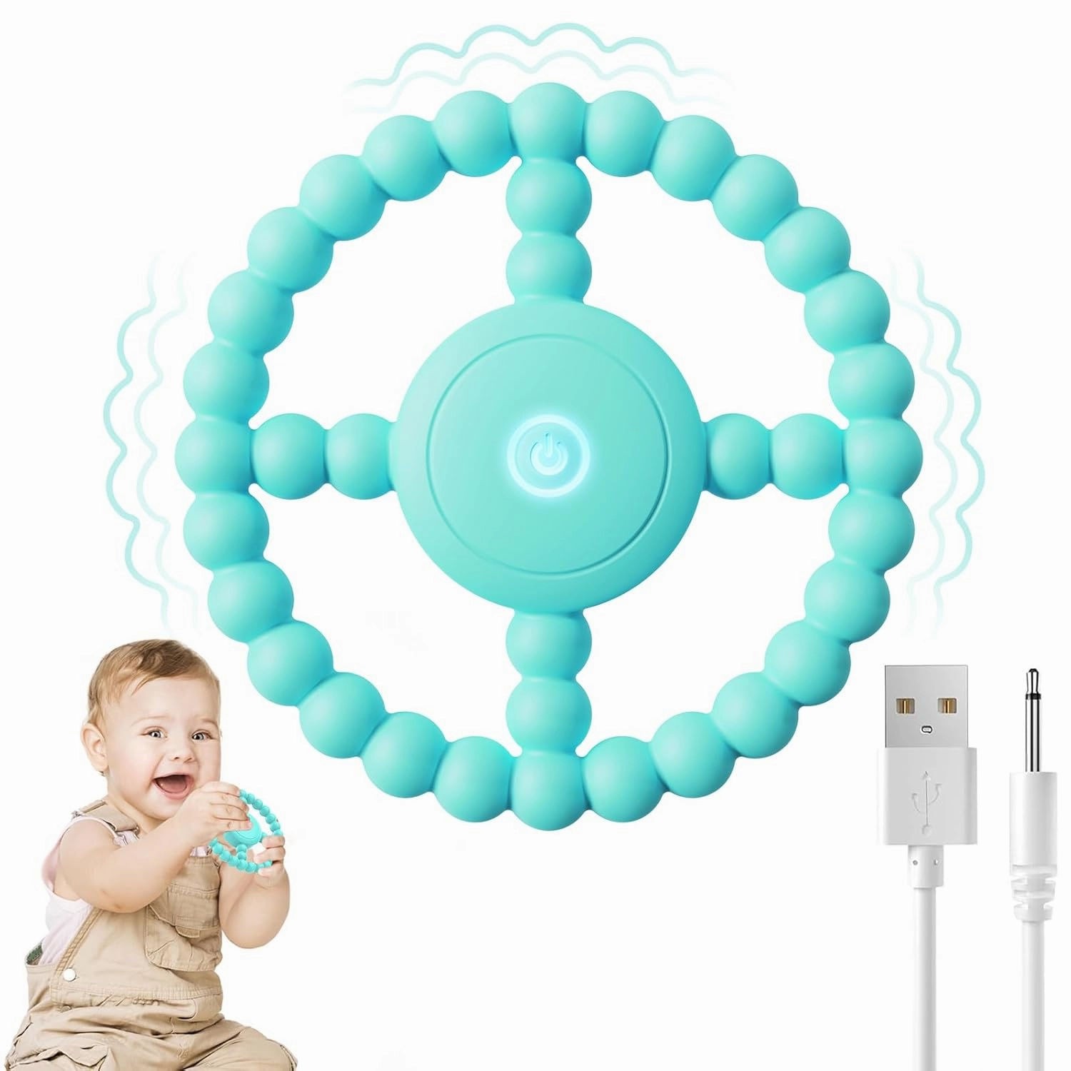 Vibrating Sensory Teething Toys, Soothing Chew Ring for Babies 6-18 Months, Autism Support & Oral Development, USB Rechargeable Teether for Toddlers, 1-2 Year Old Boys Girls Gifts idea(Green)