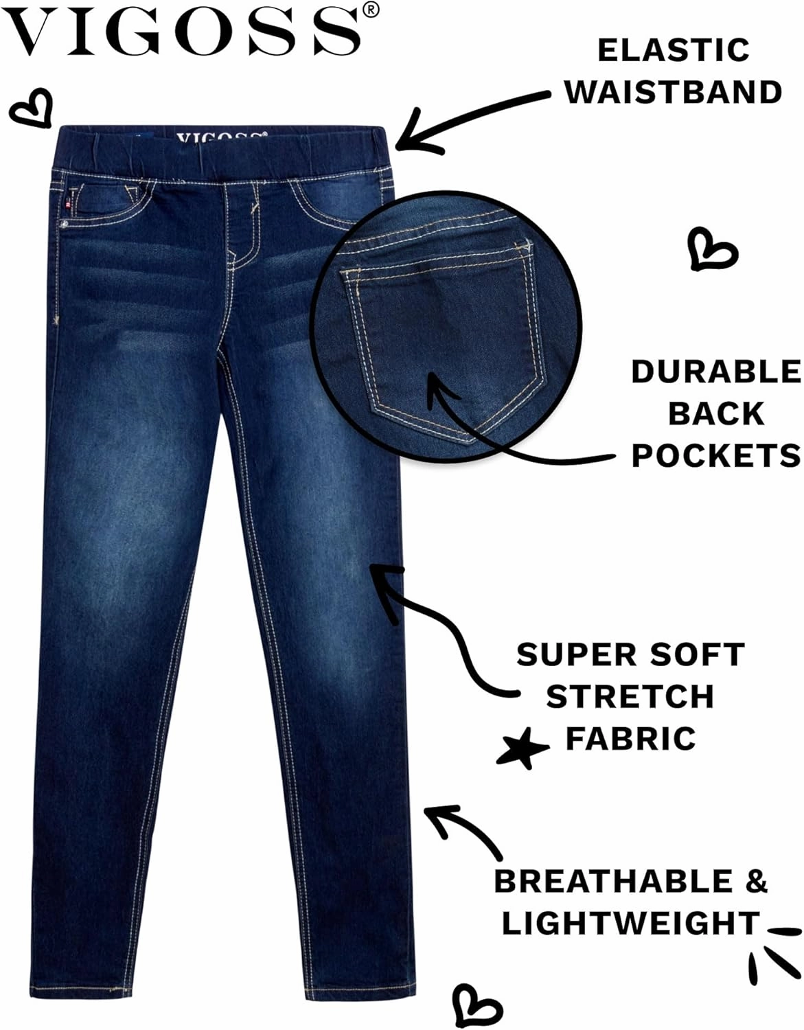 VIGOSS Girls' Jeggings - Pull On Super Stretch Denim Skinny Jeans for Girls (2T-16)