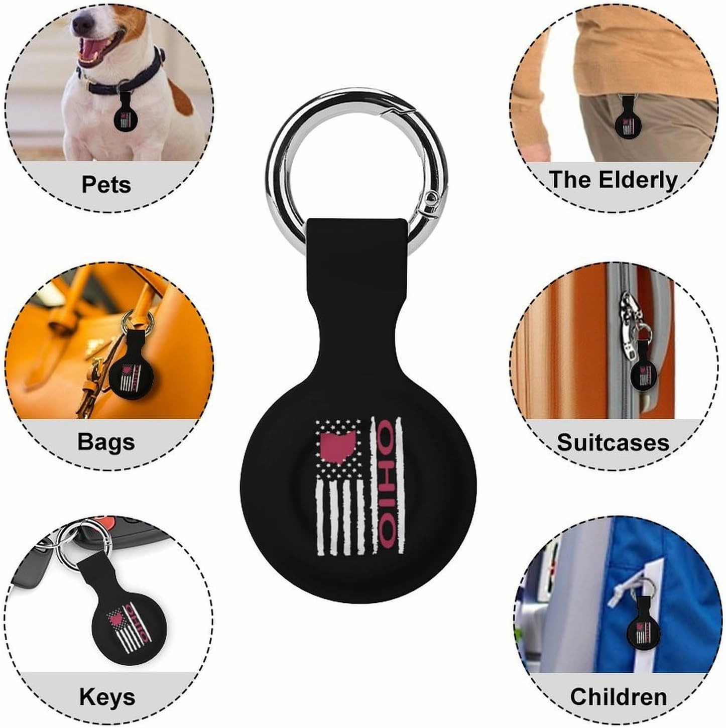 Vintage U.S. Ohio Map Flag Protective Case Compatible with AirTag Holder Cover Keychain for Wallet Luggage Dog Collar