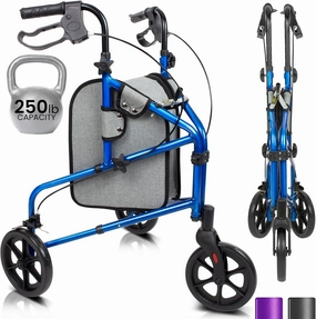Vive Mobility 3 Wheel Walker - Three Wheeled Rollator for Seniors - Lightweight, Foldable, Narrow, Heavy Duty - for Elderly Men Women - Folding 3-Wheel Tri Scooter with Basket Bag (FSA HSA Approved)