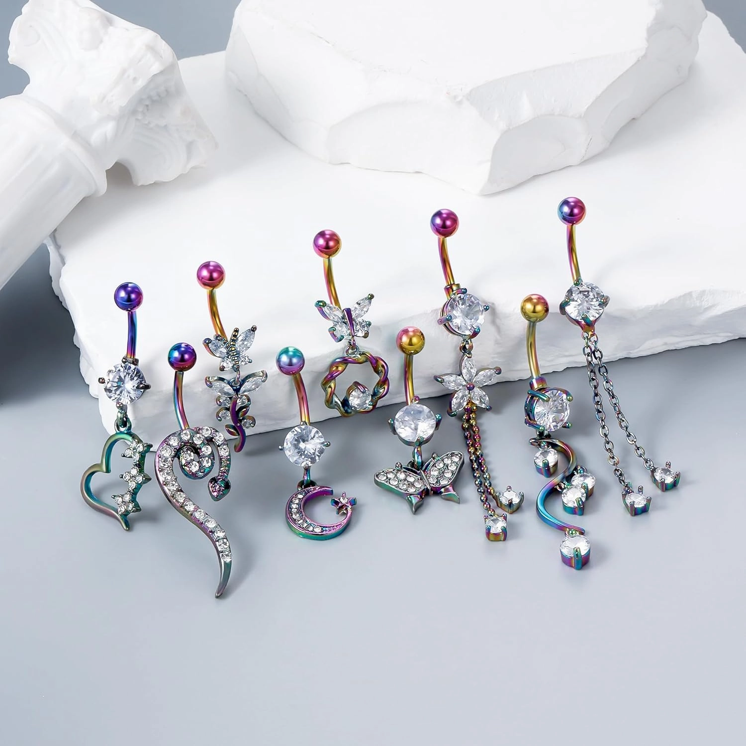 Vsnnsns 14G Dangle Belly Button Ring Piercing Jewelry 316L Stainless Surgical Steel Snake Heart Butterfly Flower Diamond CZ Navel Rings Dangling Belly Button Ring Piercing Jewelry for Women 14 Gauge