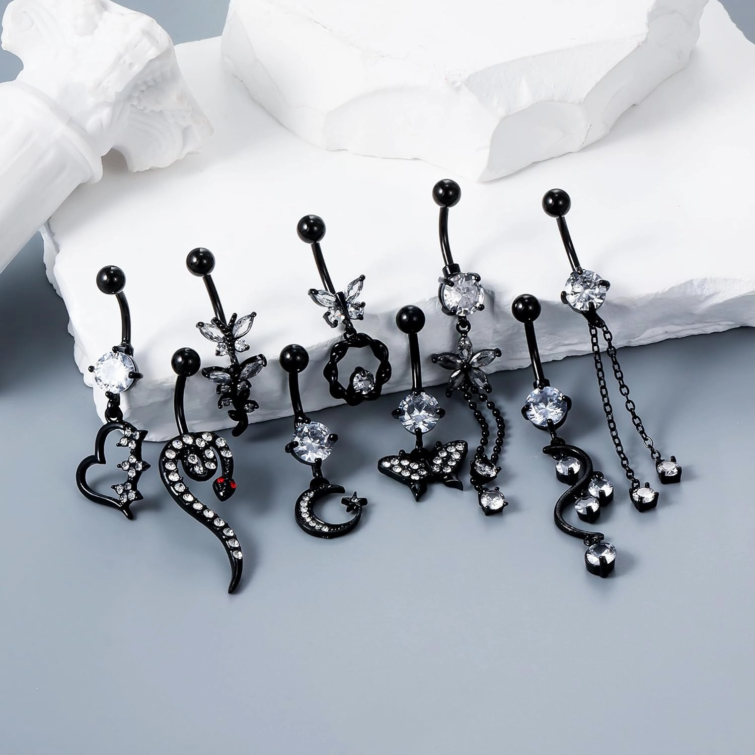 Vsnnsns 14G Dangle Belly Button Ring Piercing Jewelry 316L Stainless Surgical Steel Snake Heart Butterfly Flower Diamond CZ Navel Rings Dangling Belly Button Ring Piercing Jewelry for Women 14 Gauge
