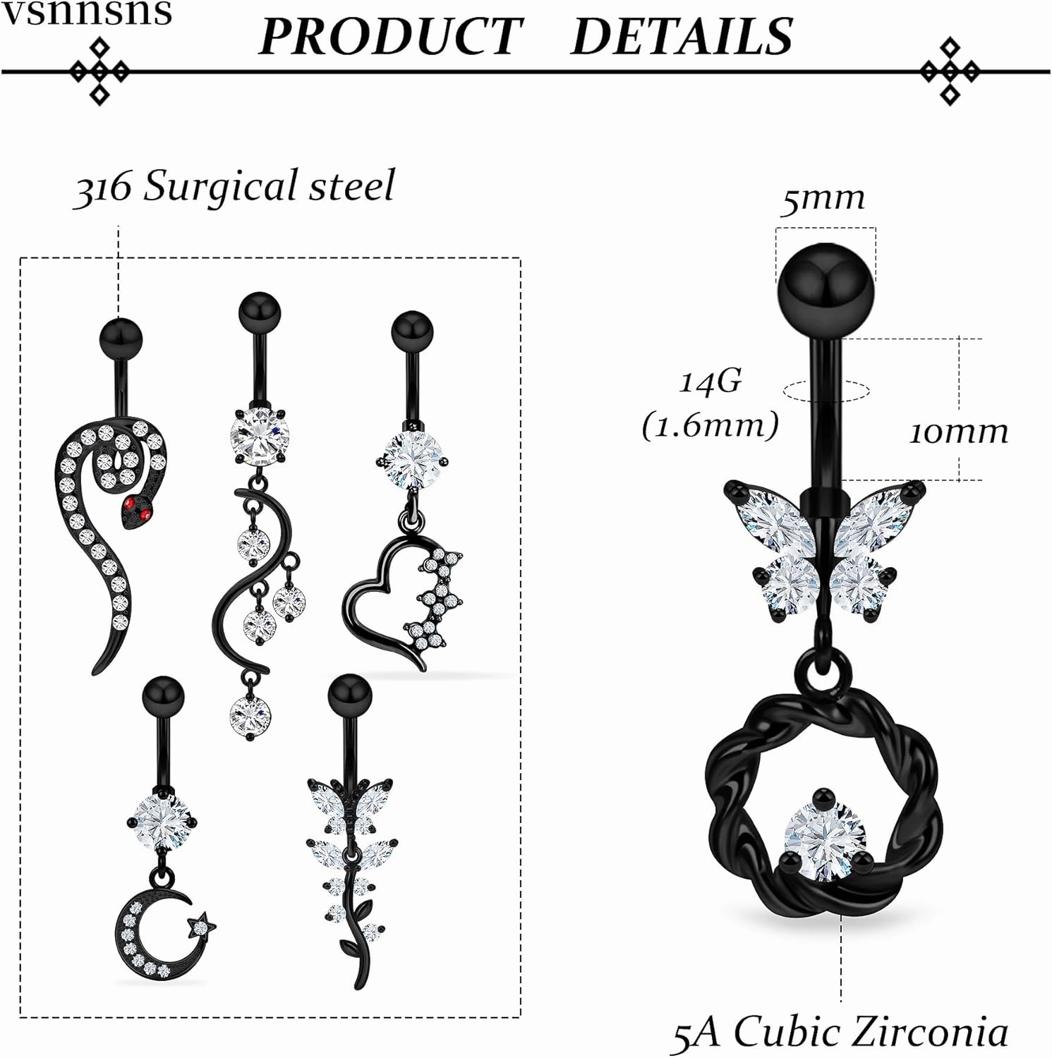 Vsnnsns 14G Dangle Belly Button Ring Piercing Jewelry 316L Stainless Surgical Steel Snake Heart Butterfly Flower Diamond CZ Navel Rings Dangling Belly Button Ring Piercing Jewelry for Women 14 Gauge