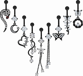 Vsnnsns 14G Dangle Belly Button Ring Piercing Jewelry 316L Stainless Surgical Steel Snake Heart Butterfly Flower Diamond CZ Navel Rings Dangling Belly Button Ring Piercing Jewelry for Women 14 Gauge