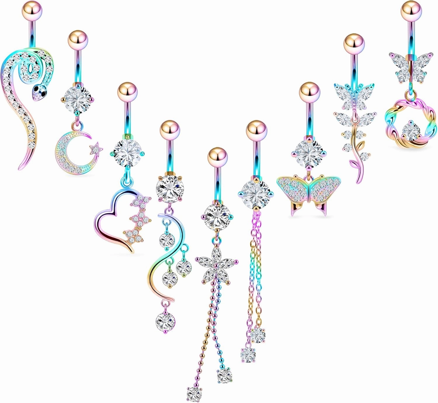 Vsnnsns 14G Dangle Belly Button Ring Piercing Jewelry 316L Stainless Surgical Steel Snake Heart Butterfly Flower Diamond CZ Navel Rings Dangling Belly Button Ring Piercing Jewelry for Women 14 Gauge