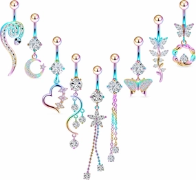 Vsnnsns 14G Dangle Belly Button Ring Piercing Jewelry 316L Stainless Surgical Steel Snake Heart Butterfly Flower Diamond CZ Navel Rings Dangling Belly Button Ring Piercing Jewelry for Women 14 Gauge