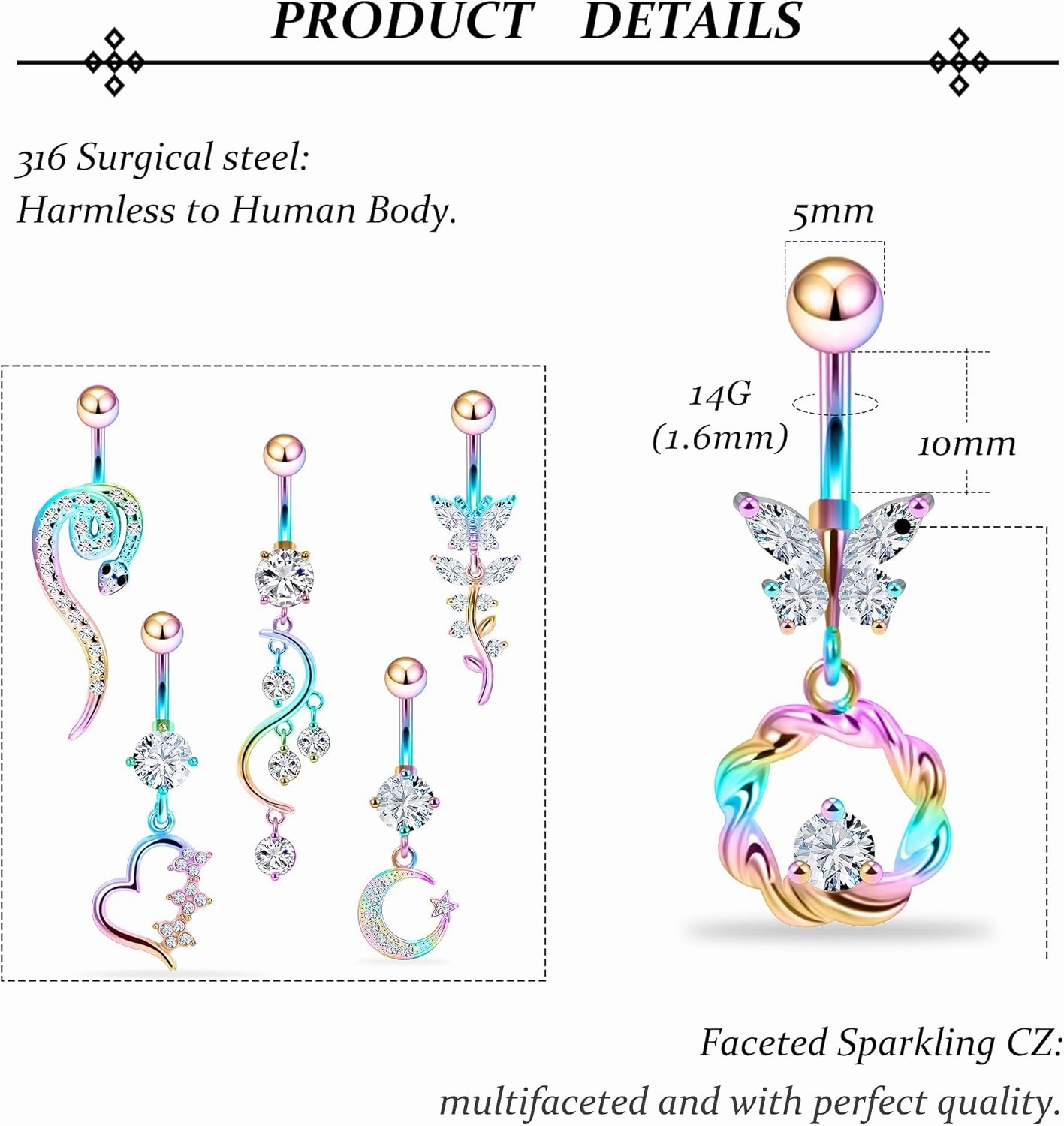 Vsnnsns 14G Dangle Belly Button Ring Piercing Jewelry 316L Stainless Surgical Steel Snake Heart Butterfly Flower Diamond CZ Navel Rings Dangling Belly Button Ring Piercing Jewelry for Women 14 Gauge