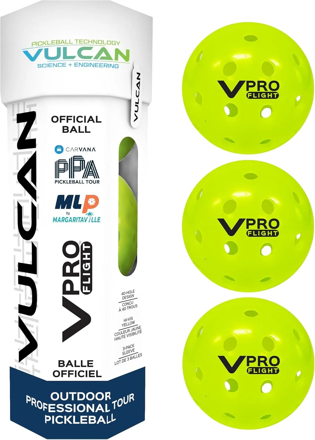 Vulcan | VPRO Flight Outdoor Pickleball Official Ball of The PPA Tour & MLP | 3, 6, 12, 36 & 100 Ball Pack | Hi-Vis Yellow