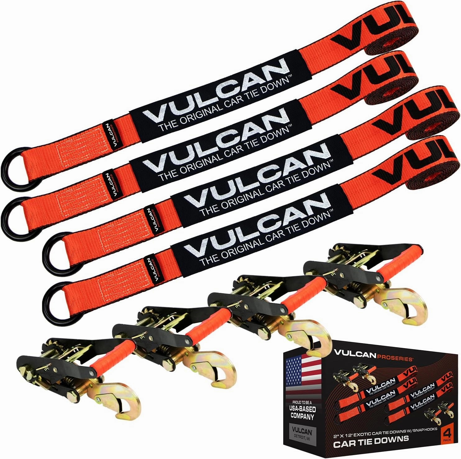 VULCAN Wheel Tie Down Kit with Snap Hook Ratchets - 4 Pack - PROSeries - 3,300 Pound Safe Working Load