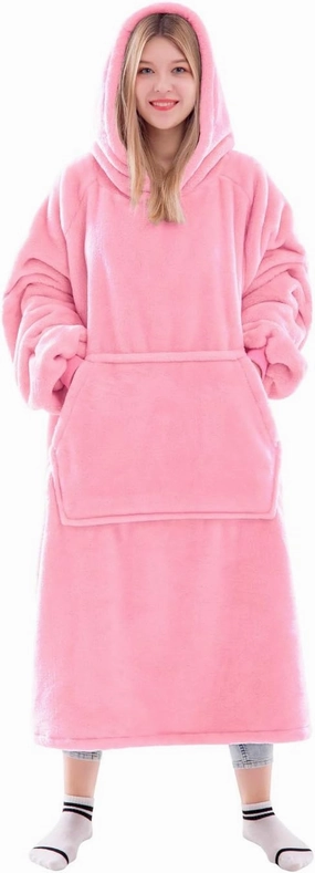 Waitu Wearable Blanket Sweatshirt Gifts for Women and Men, Warm and Cozy Giant Blanket Hoodie, Thick Flannel Blanket with Sleeves - Bright Pink
