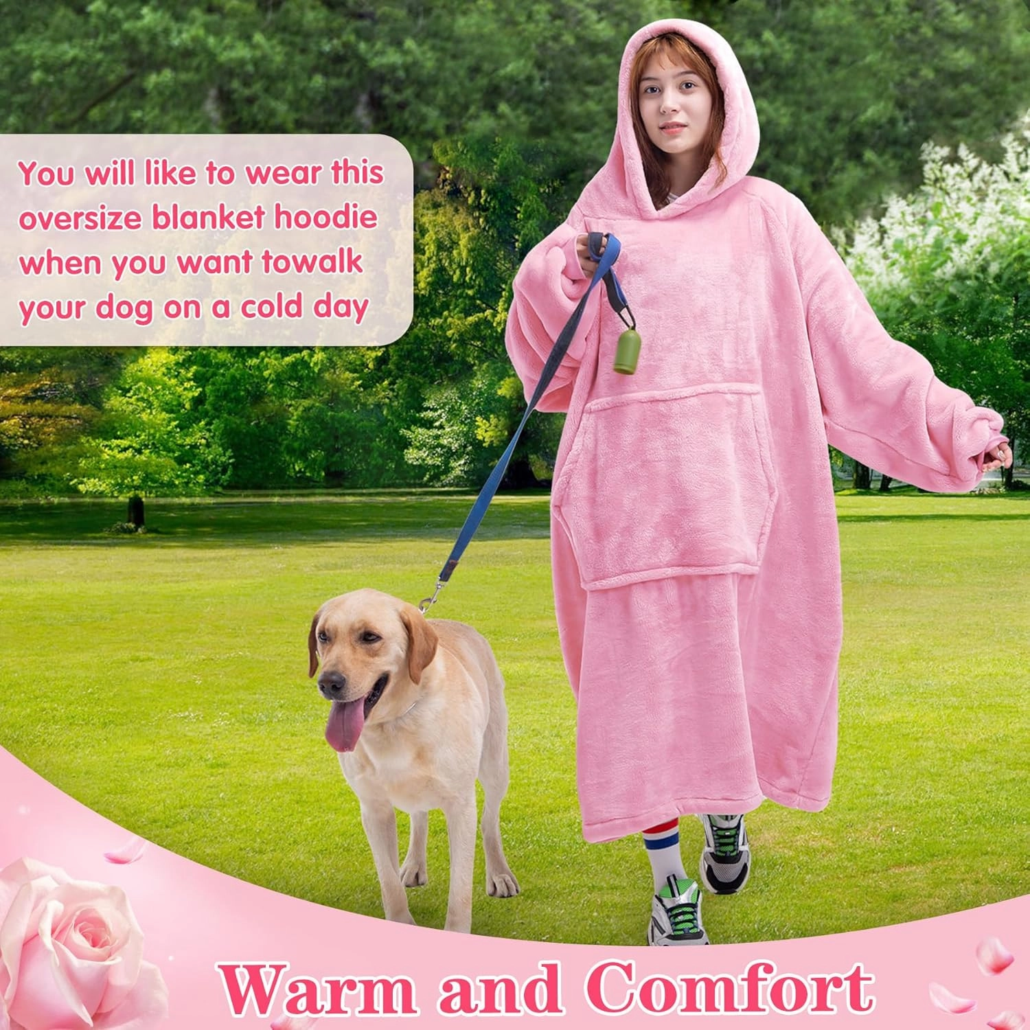 Waitu Wearable Blanket Sweatshirt Gifts for Women and Men, Warm and Cozy Giant Blanket Hoodie, Thick Flannel Blanket with Sleeves - Bright Pink