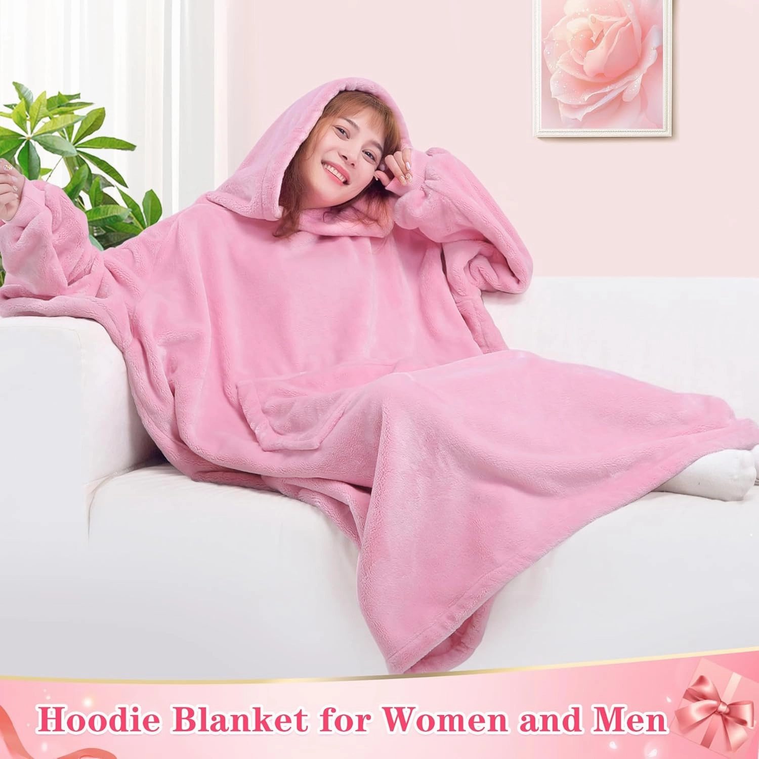 Waitu Wearable Blanket Sweatshirt Gifts for Women and Men, Warm and Cozy Giant Blanket Hoodie, Thick Flannel Blanket with Sleeves - Bright Pink