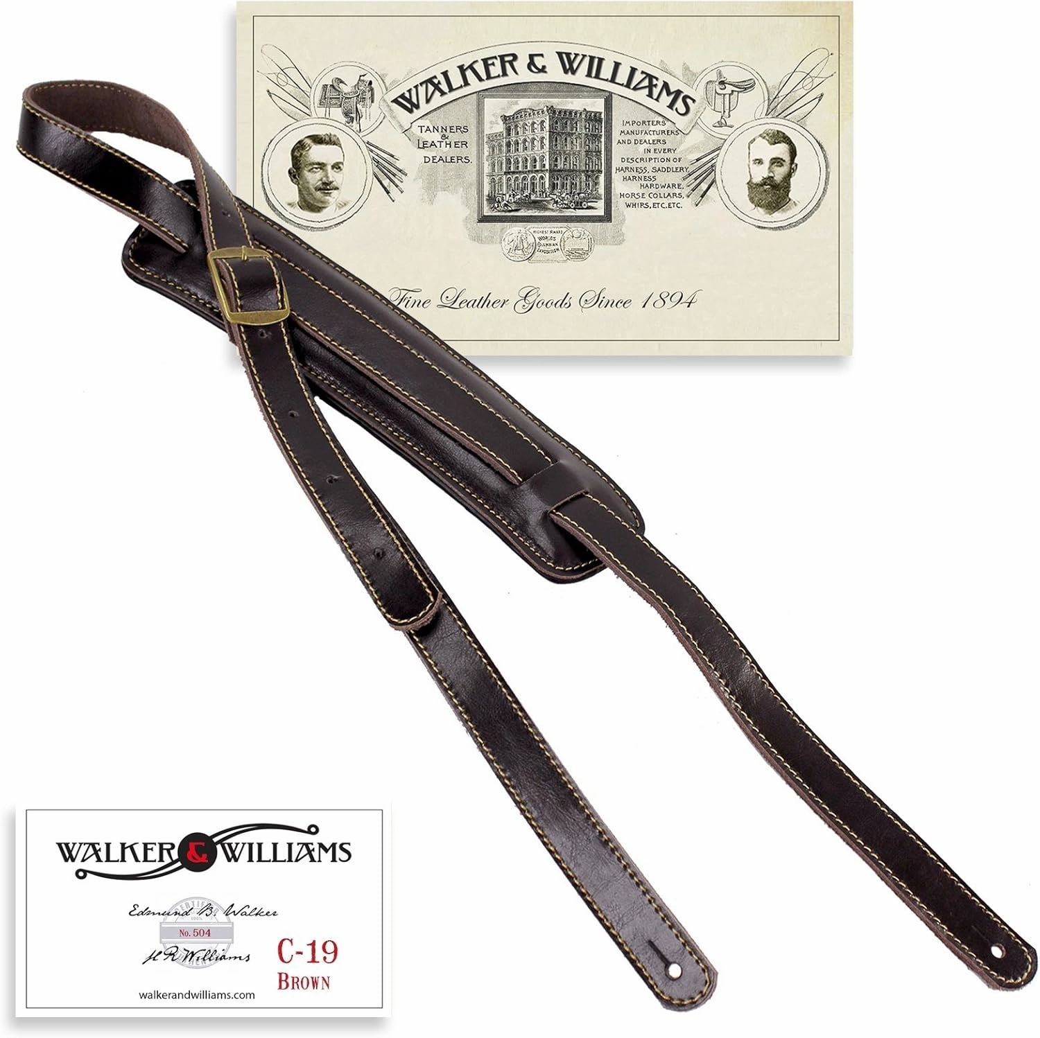 Walker & Williams C-19-BRN Vintage Style Premium Soft Grain Leather Classic Brown Shoulder Pad Guitar Strap Rockabilly Guitar Strap Extra Long For Acoustic, Electric, And Bass Guitars