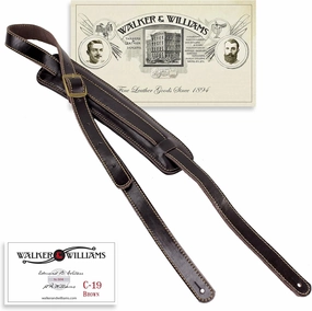 Walker & Williams C-19-BRN Vintage Style Premium Soft Grain Leather Classic Brown Shoulder Pad Guitar Strap Rockabilly Guitar Strap Extra Long For Acoustic, Electric, And Bass Guitars