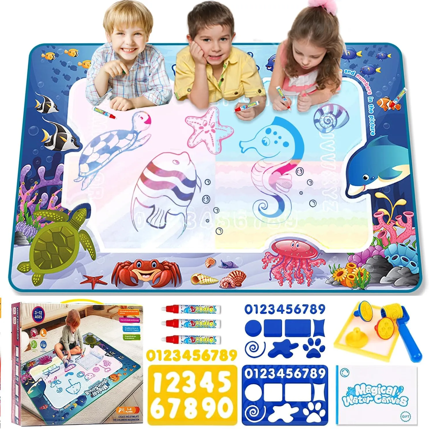 Water Doodle Mat Toddler Toys for Ages 2-4, Magic Color Mat Kids Toys Water Drawing Mat for toddlers 1-3-5 Year Old Educational Learning Toys for 2 3 4 5  Years Old Boys Girls Birthday Christmas Gifts