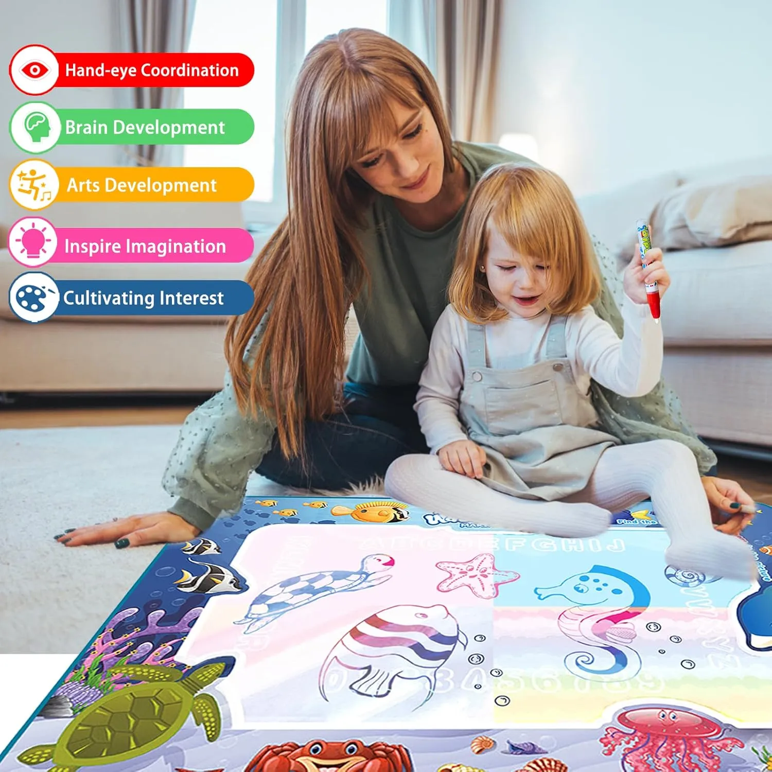Water Doodle Mat Toddler Toys for Ages 2-4, Magic Color Mat Kids Toys Water Drawing Mat for toddlers 1-3-5 Year Old Educational Learning Toys for 2 3 4 5  Years Old Boys Girls Birthday Christmas Gifts