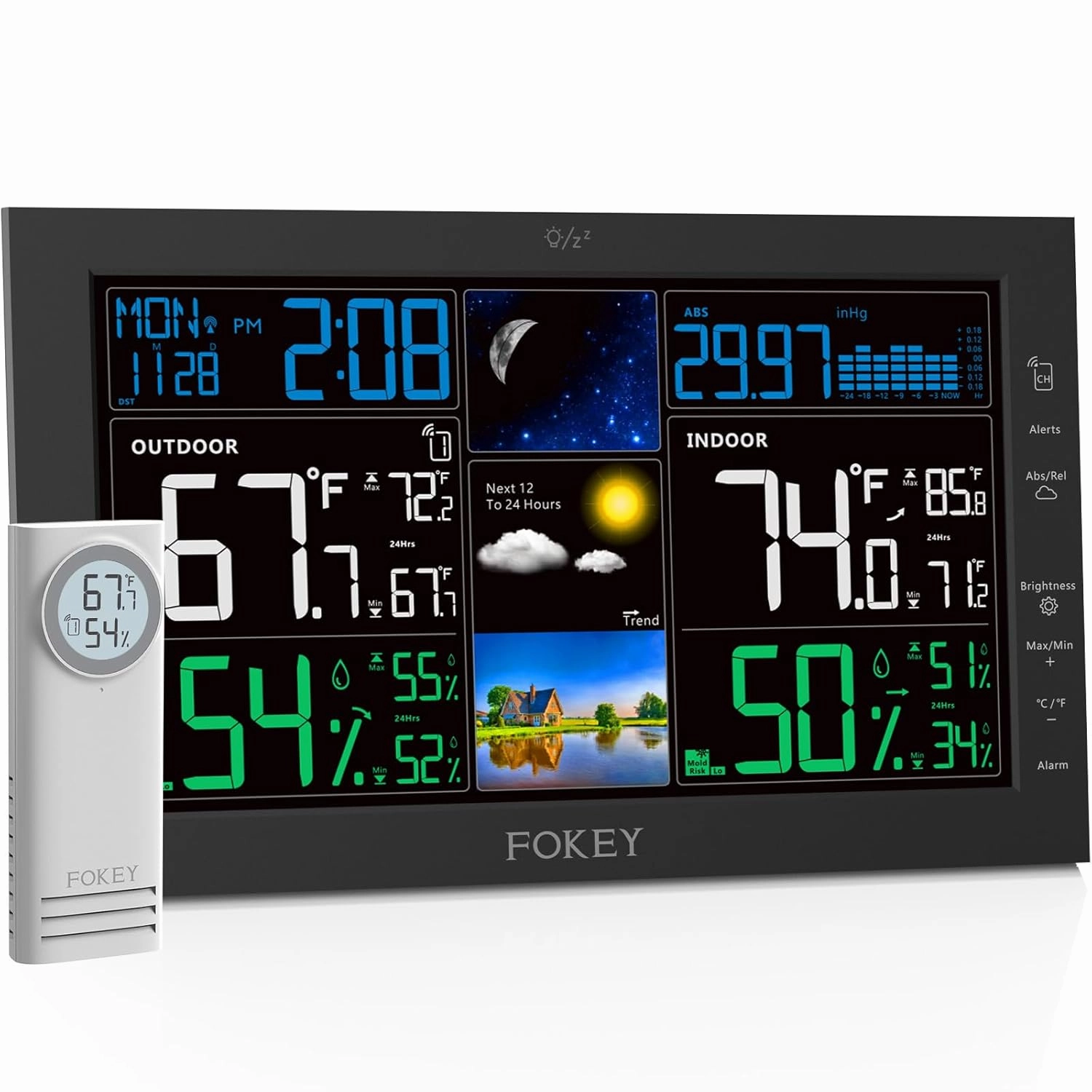 Weather Station Wireless Indoor Outdoor, Indoor Outdoor Thermometer Wireless, Home Weather Stations Digital Atomic Clock, Inside Outside Temperature Humidity Sensor Barometric Guage, Black