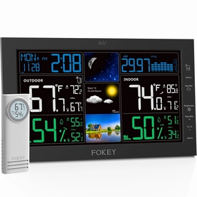 Weather Station Wireless Indoor Outdoor, Indoor Outdoor Thermometer Wireless, Home Weather Stations Digital Atomic Clock, Inside Outside Temperature Humidity Sensor Barometric Guage, Black