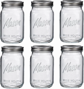 WELLIFE Wide Mouth Mason Jars, 6 Pack Mason Jars 32 oz for Pickling, Canning, Fermenting and Food Storage, Microwave & Dishwasher Safe
