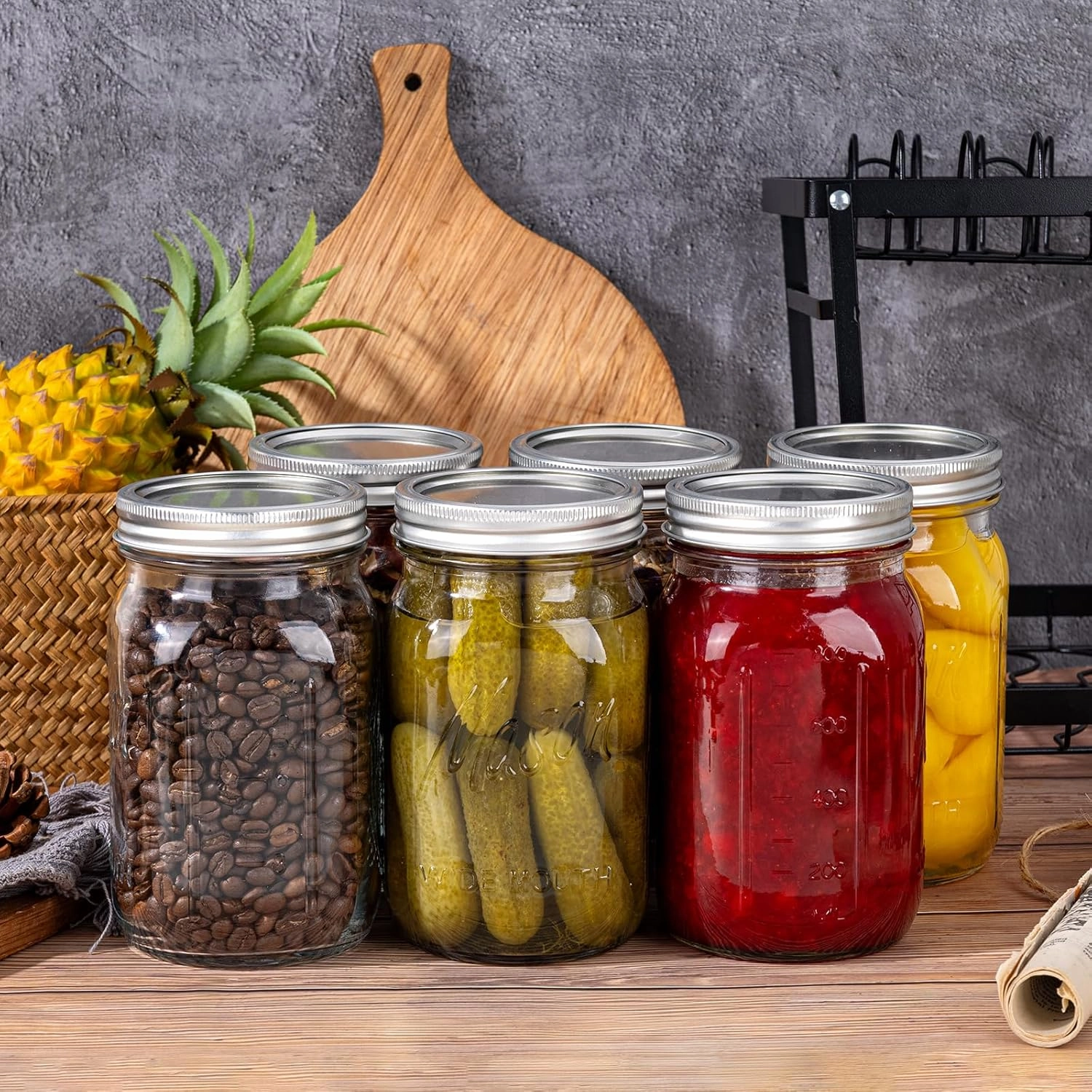 WELLIFE Wide Mouth Mason Jars, 6 Pack Mason Jars 32 oz for Pickling, Canning, Fermenting and Food Storage, Microwave & Dishwasher Safe