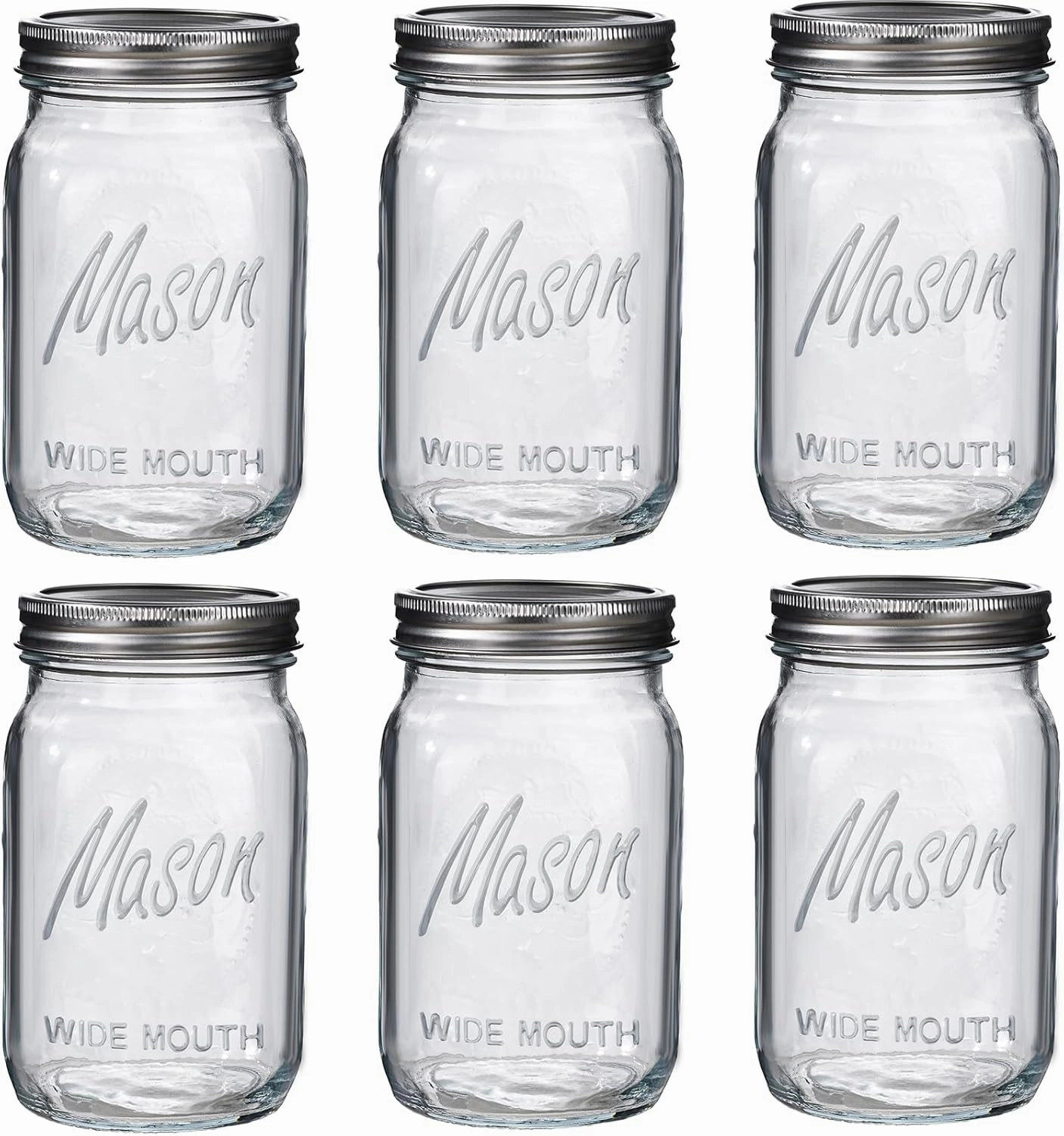 WELLIFE Wide Mouth Mason Jars, 6 Pack Mason Jars 32 oz for Pickling, Canning, Fermenting and Food Storage, Microwave & Dishwasher Safe