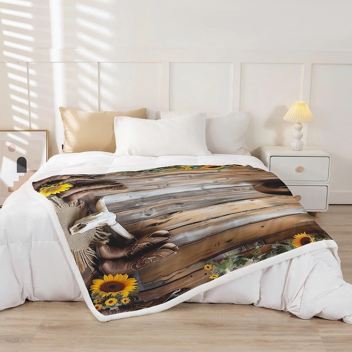 Western Cowboy Throw Blanket Cowboy Hat Boot Bull Skull Fleece Blanket, Yellow Sunflower Retro Wooden Plank Throws for Bed Couch Sofa, Kids Boy Girl Room Decor, Soft and Breathable(50 x 60 Inches)