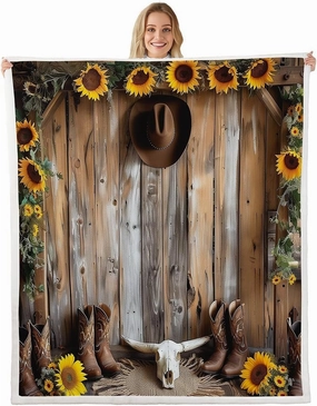 Western Cowboy Throw Blanket Cowboy Hat Boot Bull Skull Fleece Blanket, Yellow Sunflower Retro Wooden Plank Throws for Bed Couch Sofa, Kids Boy Girl Room Decor, Soft and Breathable(50 x 60 Inches)
