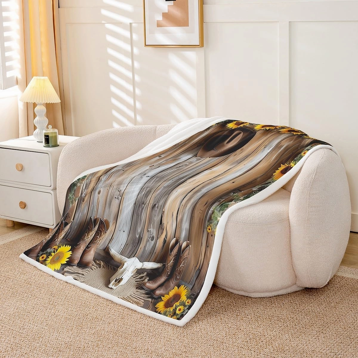 Western Cowboy Throw Blanket Cowboy Hat Boot Bull Skull Fleece Blanket, Yellow Sunflower Retro Wooden Plank Throws for Bed Couch Sofa, Kids Boy Girl Room Decor, Soft and Breathable(50 x 60 Inches)