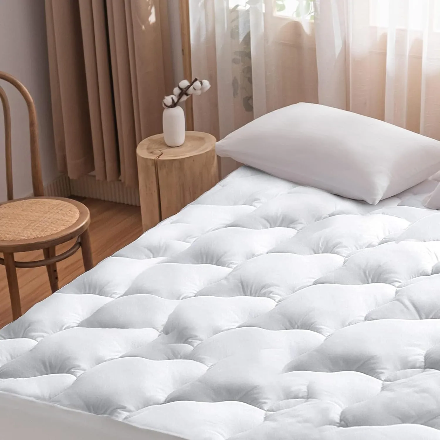 WhatsBedding Waterproof Mattress Pad Twin Size Cotton Top Down Alternative Filling Pillowtop Mattress Topper Cover-Fitted Quilted Pure White(Twin Mattress Pad)