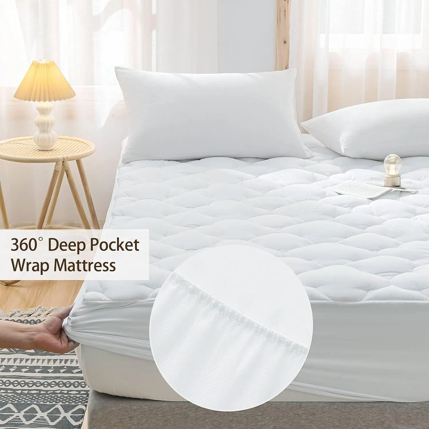 WhatsBedding Waterproof Mattress Pad Twin Size Cotton Top Down Alternative Filling Pillowtop Mattress Topper Cover-Fitted Quilted Pure White(Twin Mattress Pad)
