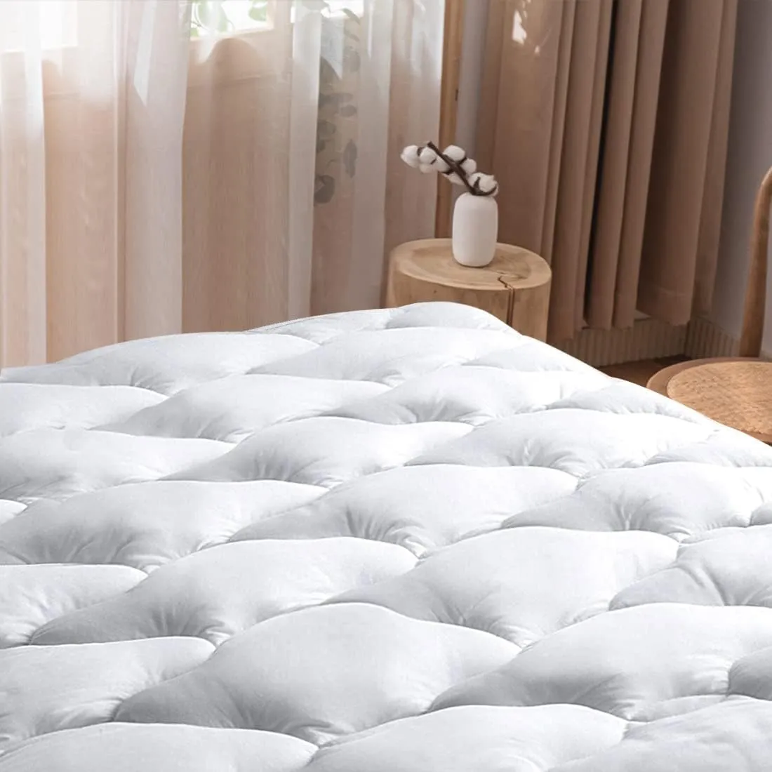 WhatsBedding Waterproof Mattress Pad Twin Size Cotton Top Down Alternative Filling Pillowtop Mattress Topper Cover-Fitted Quilted Pure White(Twin Mattress Pad)