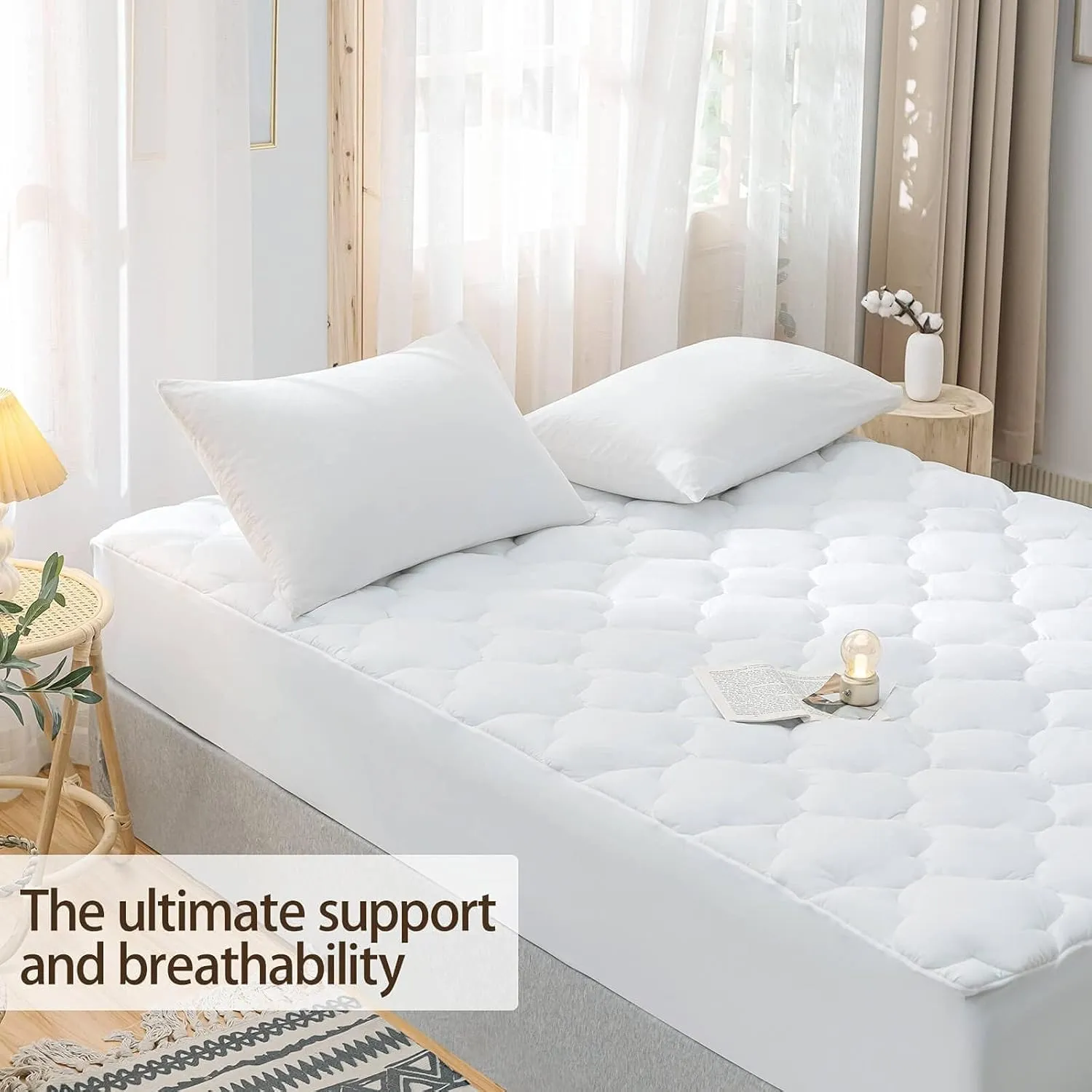 WhatsBedding Waterproof Mattress Pad Twin Size Cotton Top Down Alternative Filling Pillowtop Mattress Topper Cover-Fitted Quilted Pure White(Twin Mattress Pad)