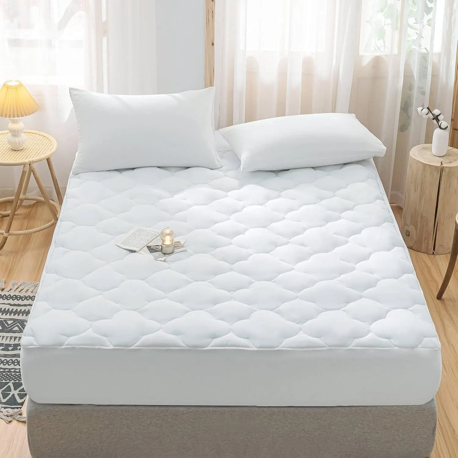 WhatsBedding Waterproof Mattress Pad Twin Size Cotton Top Down Alternative Filling Pillowtop Mattress Topper Cover-Fitted Quilted Pure White(Twin Mattress Pad)