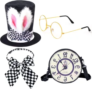 White Rabbit Costume Accessory Set 4 Pieces Bunny Ear Top Hat Bowtie Round Glasses Clock Props For Easter Halloween