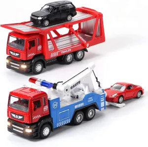 Winrayk 4Pcs Tow Truck Toys & Transport Vehicles Set, Pull Back Toy Trucks with Light and Sound, 1:50 Scale Metal Diecast Trailer Toys & 2 Mini Cars, Boys Kids Birthday Gifts Age 3 4 5 6 7 8 Years Old