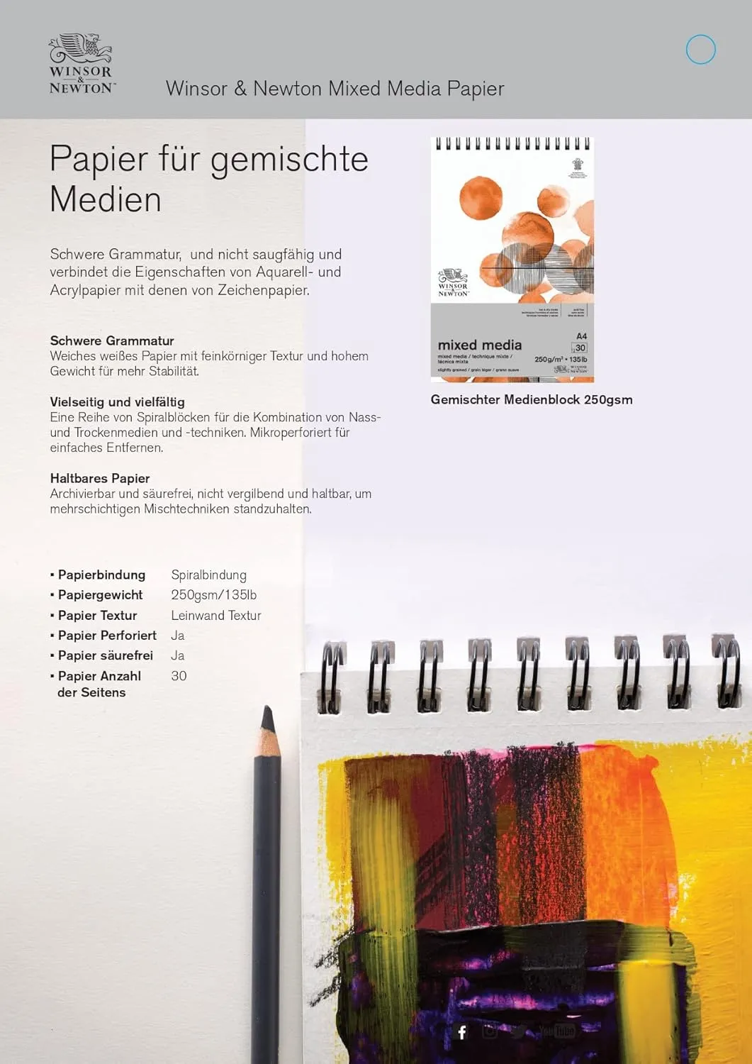 Winsor & Newton Professional Mixed Media Pad, 11" x 14", 30 Sheets, 250gsm, White