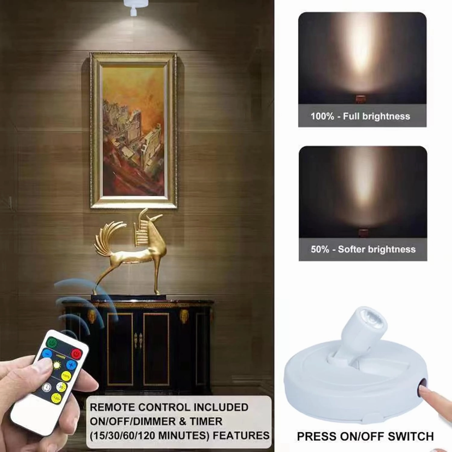 Wireless LED Spotlight, Battery Operated Picture Lights, Indoor Uplight, Puck Lights with Remote, Spot Light for Wall Art Display Dartboard Painting Accent Artwork Closet-2Pack