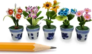 WitnyStore Tiny 1½" High 5 Pieces Set Mix Sunflower Orchid Hydrangea Zinnia - Hand Made Artificial Flowers Colorful Miniature Realistic Clay Flower Plant Pots Blooming House Plants Indoor Decoration