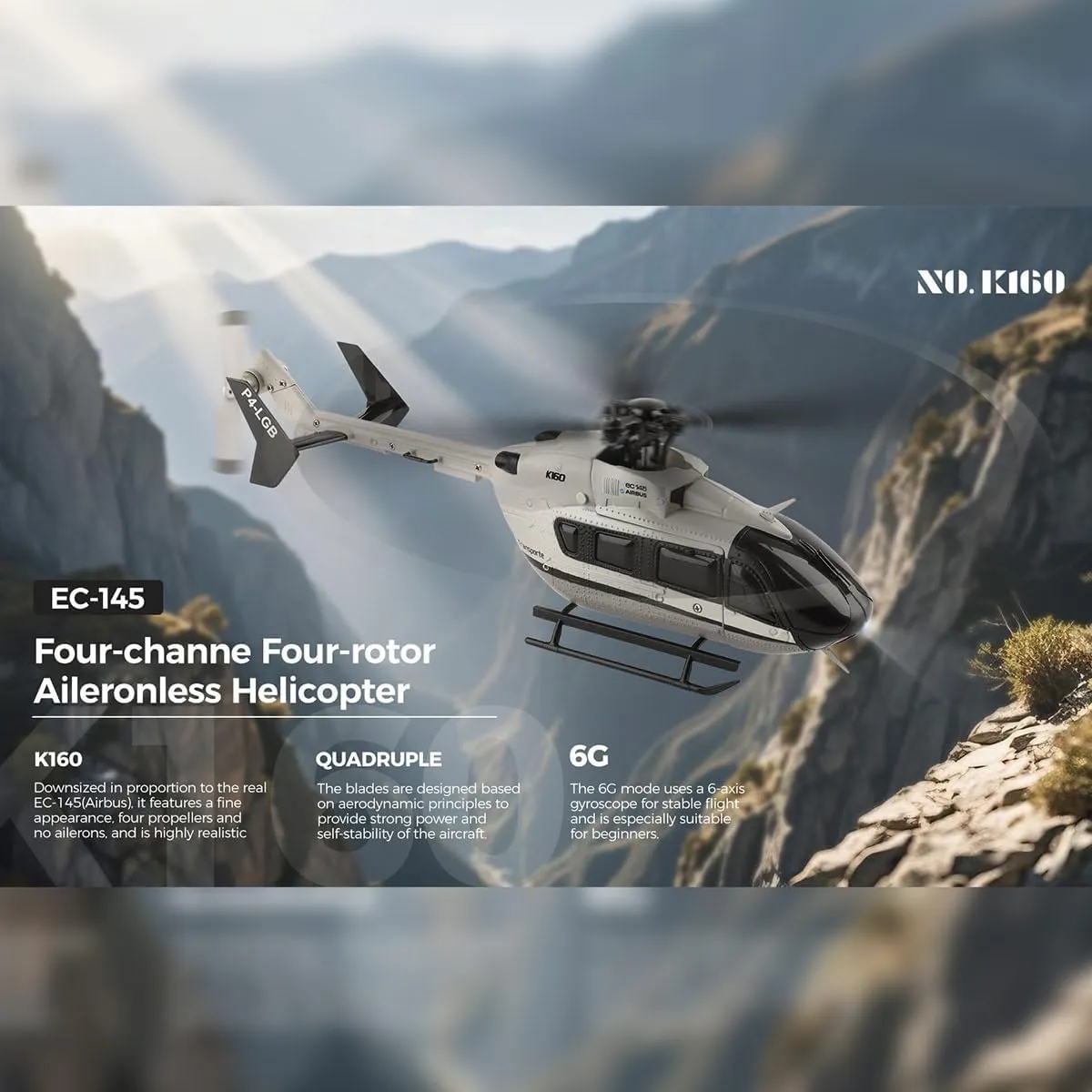 WL K160 RC Helicopter, EC-145 4CH 4-Propeller Flybarless RC Helicopter for 16 , with Adjustable Left and Right Hand Throttle, One Battery (RTF Version)