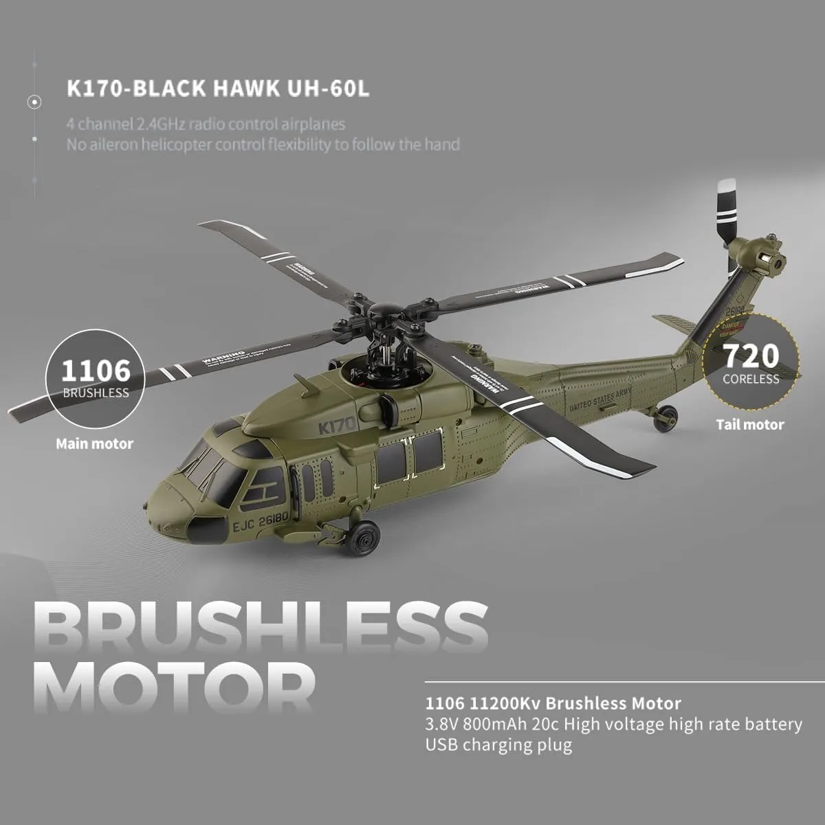 WL K170 Blackk Hawk UH-60L 170, RC Military Helicopters for Adults, 2.4G 4CH Flybarless RC Helicopter with Adjustable Left and Right Hand Throttle (RTF Version) (2-Battery Version)