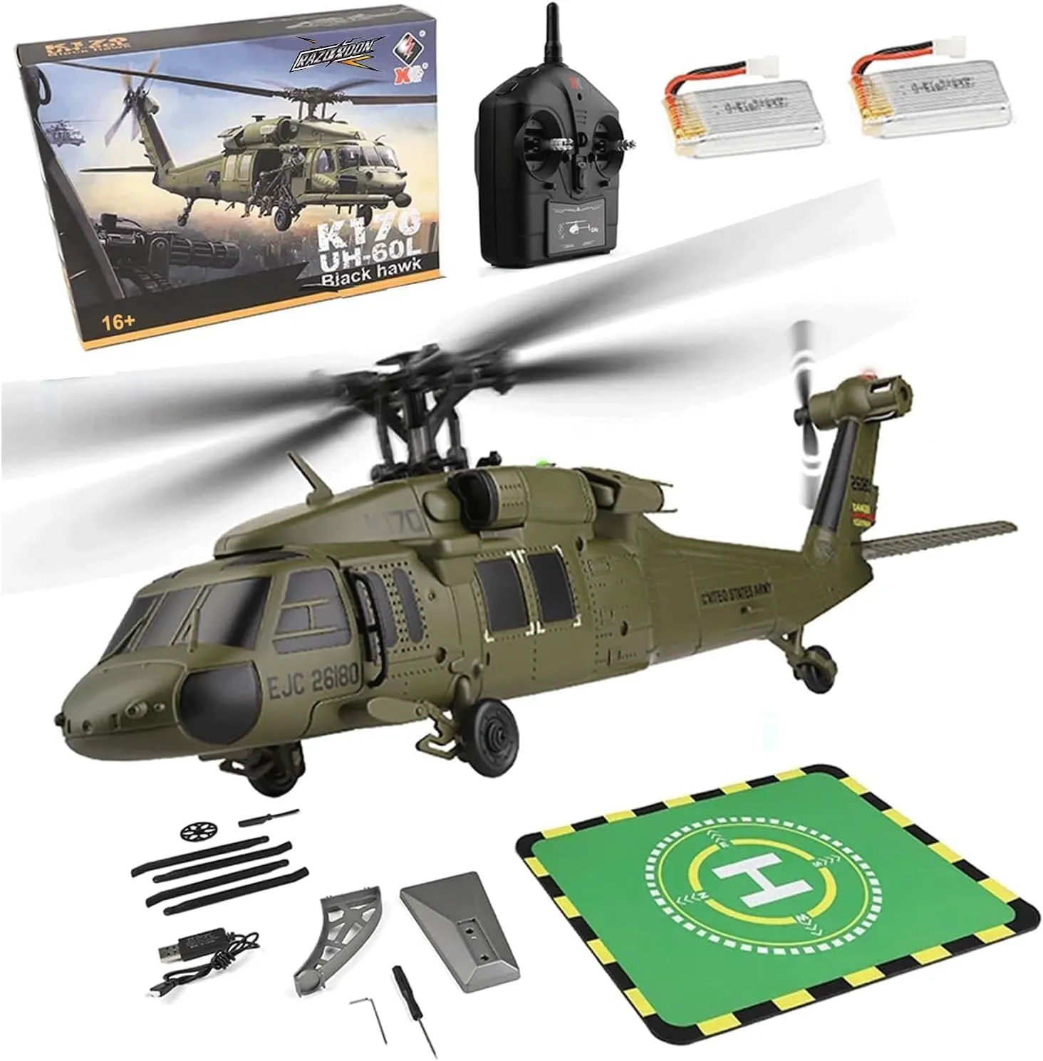 WL K170 Blackk Hawk UH-60L 170, RC Military Helicopters for Adults, 2.4G 4CH Flybarless RC Helicopter with Adjustable Left and Right Hand Throttle (RTF Version) (2-Battery Version)