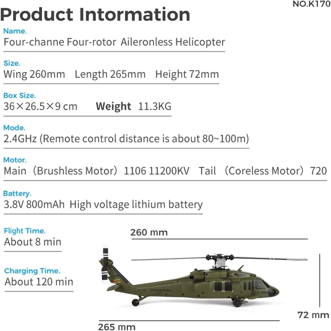 WL K170 UH60L Black Hawkk RC Helicopter for Adults, 2.4G 4CH Flybarless Military Aircraft with 6-Axis Gyro Brushless Motor Altitude Hold Adjustable Throttle, RTF /3 Battery
