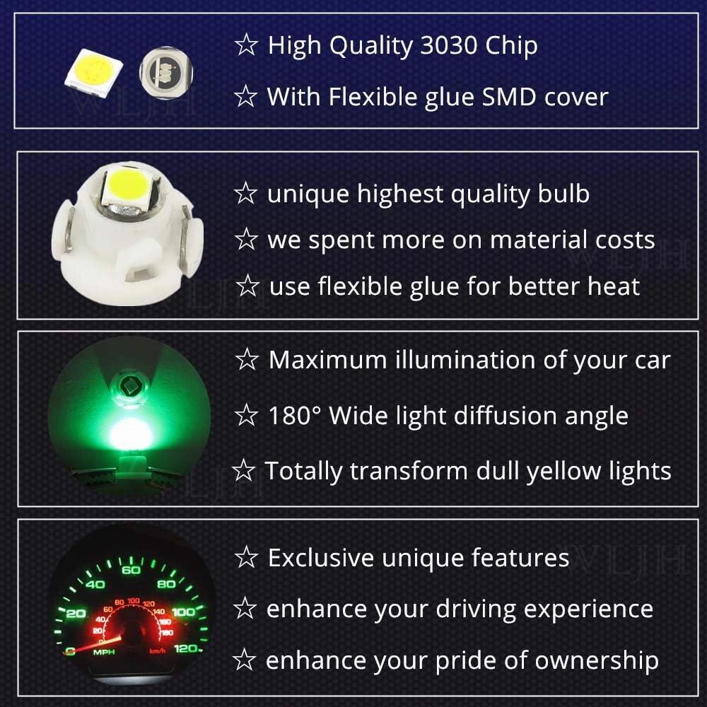 WLJH 10x Green T4.2 Neo Wedge Led 3030 Chipest 10mm Base Car Instrument Cluster Dashboard Gauge Bulb HVAC AC Heater Climate Control Lamps Switch Indication Interior Light Replacement